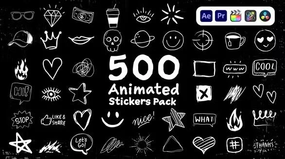 视频素材 500个手绘卡通图形贴纸动画 Animated Stickers Pack