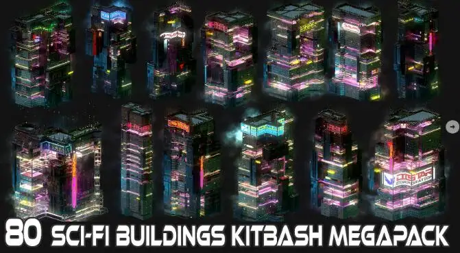 80个科幻赛博朋克城市建筑Kitbash 3D模型合集