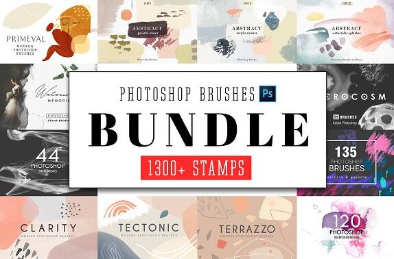 PS笔刷 1309款水彩艺术画手绘背景纹理插画 All Photoshop Stamp Brushes Bundle