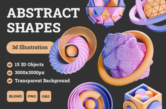 抽象3D立体几何图形图标3D模型15款Abstract Shapes 3D Illustration Pack