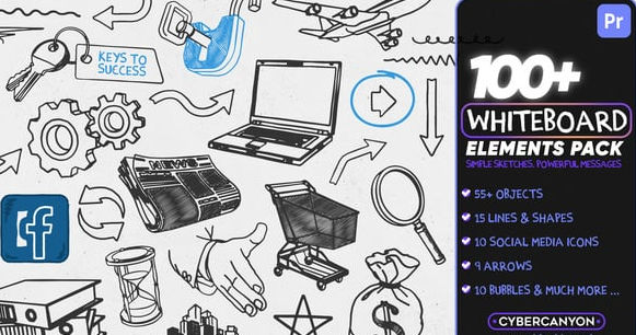 AE签字笔手绘线条卡通元素动画模板100+ Whiteboard Elements Pack