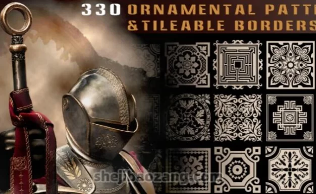4K贴图纹理-330组金属盔甲相关边框图案3D高清装饰花纹Alpha贴图合集