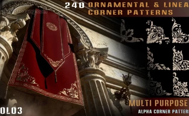 4K贴图纹理-240组建筑线性转角装饰性花纹欧式图案高清Alpha贴图合集
