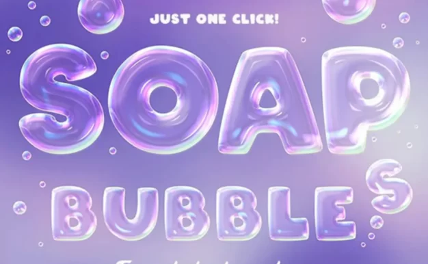 PS动作预设-时尚肥皂五彩气泡泡字体形状虹透明酸性海报设计背景PSD模板素材