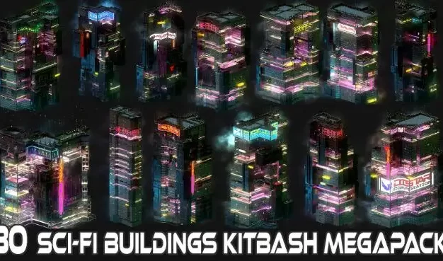 80个科幻赛博朋克城市建筑Kitbash 3D模型合集