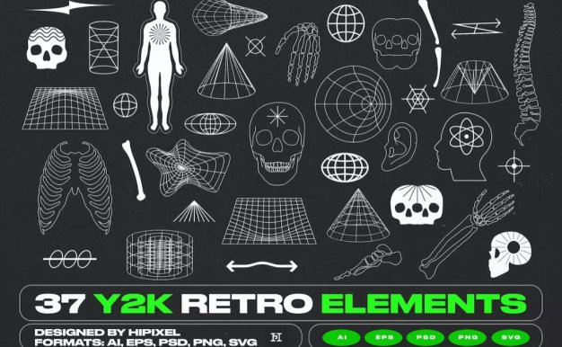 37款复古Y2K千禧风人体部位抽象几何图形LOGO徽标元素矢量素材 37 Y2K Retro Elements
