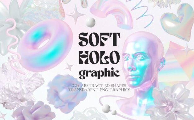 PNG素材 74款酸性艺术全息虹彩渐变纹理抽象3D几何图形PNG素材 Soft Holo Iridescence 3D Shapes