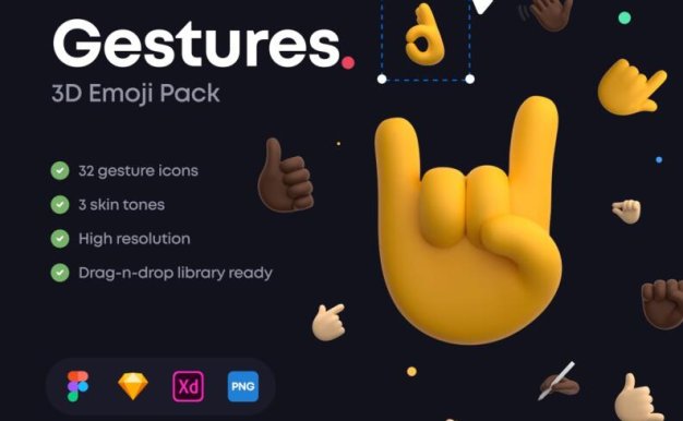 96款不同肤色可爱有趣3D表情符号手势图标素材 Gestures 3D Emoji Pack