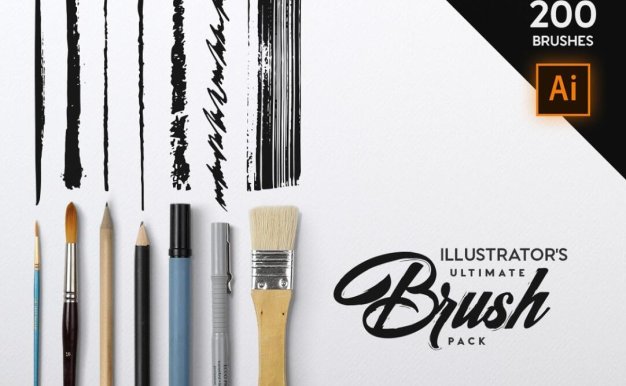 201支手绘插画铅笔记号笔水彩书法笔木炭粉笔绘画效果Ai矢量笔刷 Illustrator’s Ultimate Brush Pack