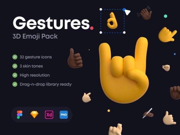 96款不同肤色可爱有趣3D表情符号手势图标素材 Gestures 3D Emoji Pack