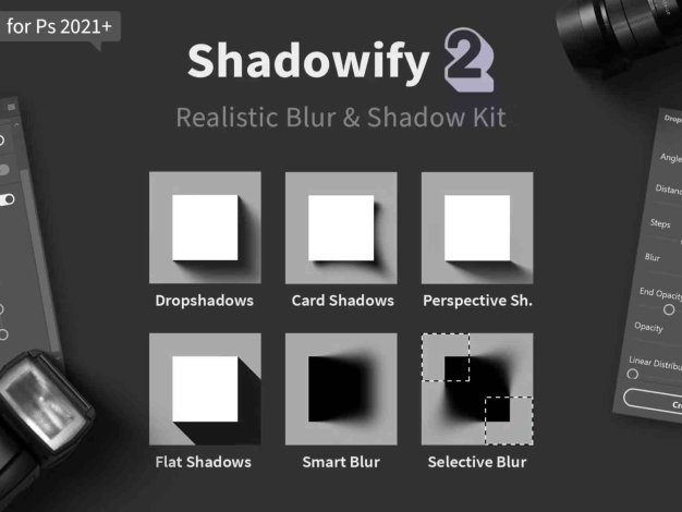 PS汉化插件 模拟真实投影拖尾阴影工具 Shadowify 2 – Realistic Blur & Shadow Kit