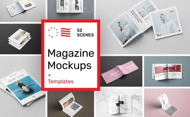PS样机 52款书本杂志图书手册装订效果展示PS模型样机 Magazine Mockups – 52 Scenes