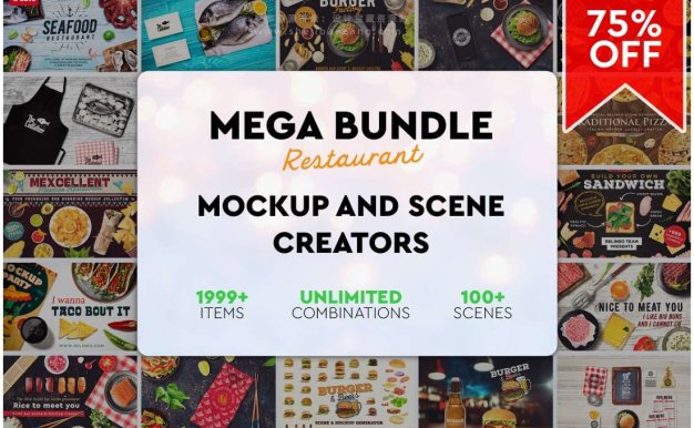 PS样机 100+餐饮美食食物餐具搭配预制场景创建PS模型样机 Mega Bundle Restaurant Scene Creator