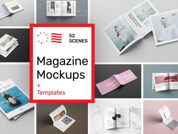 PS样机 52款书本杂志图书手册装订效果展示PS模型样机 Magazine Mockups – 52 Scenes