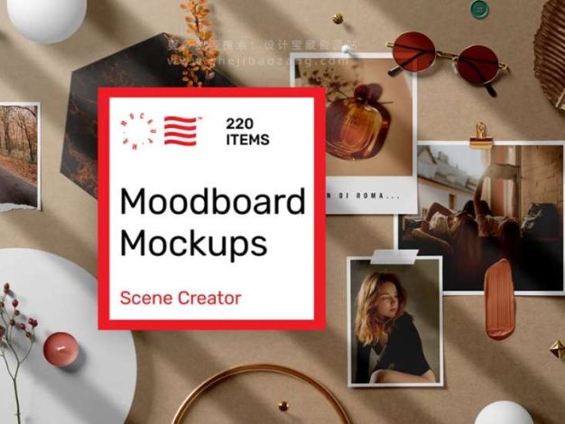 PS样机 26种自然光线阴影背景纹理叠加情绪板场景模型PS样机 Moodboard Mockups – Scene Creator
