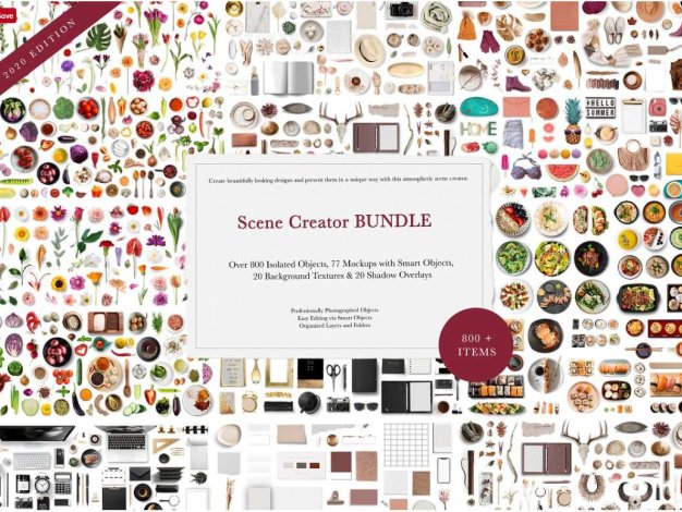 PS样机 77款大气生活美食食材果蔬花卉电器预制模型场景PS样机 Scene Creator MEGA BUNDLE 2020