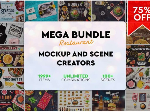 PS样机 100+餐饮美食食物餐具搭配预制场景创建PS模型样机 Mega Bundle Restaurant Scene Creator