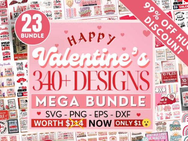矢量素材 23套340+情人节艺术设计矢量花字图案徽标形状元素创意素材 Valentines Day Mega SVG Bundle