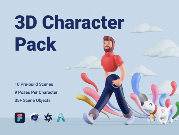 C4D模型 高品质男女卡通人物角色骨骼绑定界面设计3D 图标设计素材 Character Pack