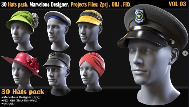 MD Clo3d鴨舌帽子服飾頭巾3D模型30 Hats pack. Marvelous Designer, Projects Files: Zprj , OBJ , FBX