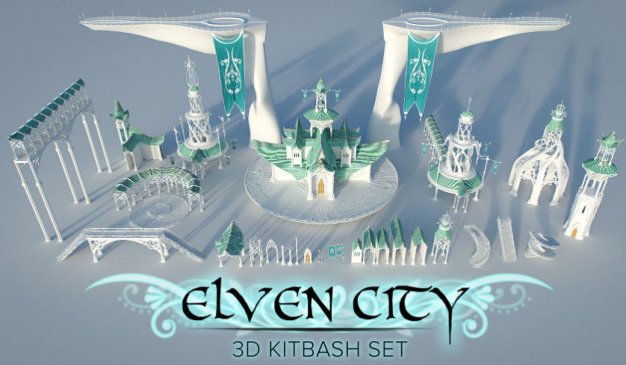 Blender精灵城奇幻建筑魔幻模型游戏电影资产渲染3D房屋设计素材Elven City - 3D Kitbash Set