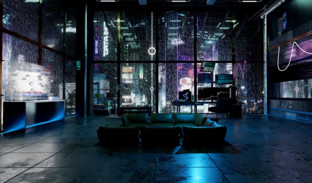 Blender赛博朋克室内阁楼客厅场景房屋建筑雨夜3D模型设计素材