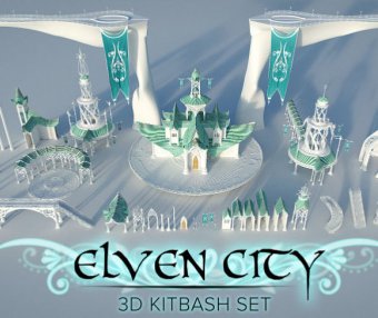 Blender精灵城奇幻建筑魔幻模型游戏电影资产渲染3D房屋设计素材Elven City - 3D Kitbash Set