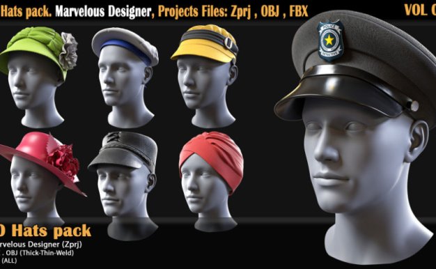 MD Clo3d鸭舌帽子服饰头巾3D模型30 Hats pack. Marvelous Designer, Projects Files: Zprj , OBJ , FBX
