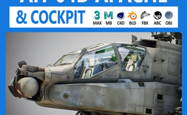 游戏科幻驾驶舱航空电子武器武装直升机3D模型资产 Ah-64D Apache Longbow Helicopter With Cockpit By Nonecg