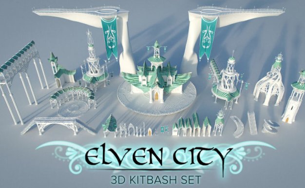 Blender精灵城奇幻建筑魔幻模型游戏电影资产渲染3D房屋设计素材Elven City - 3D Kitbash Set