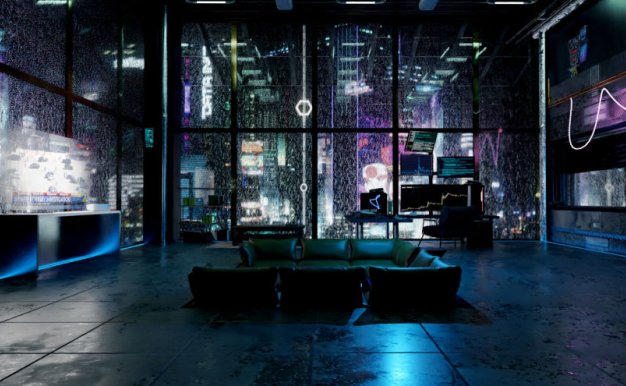 Blender赛博朋克室内阁楼客厅场景房屋建筑雨夜3D模型设计素材