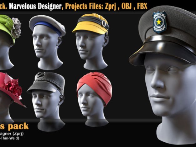 MD Clo3d鸭舌帽子服饰头巾3D模型30 Hats pack. Marvelous Designer, Projects Files: Zprj , OBJ , FBX