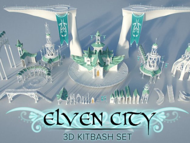 Blender精灵城奇幻建筑魔幻模型游戏电影资产渲染3D房屋设计素材Elven City - 3D Kitbash Set