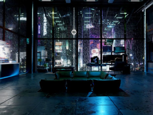 Blender赛博朋克室内阁楼客厅场景房屋建筑雨夜3D模型设计素材