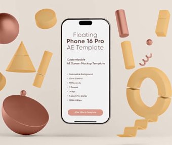 AE轻奢时尚三维图形iPhone手机高级展示动画模板 Floating Phone 16 Pro Screen Mockup Template