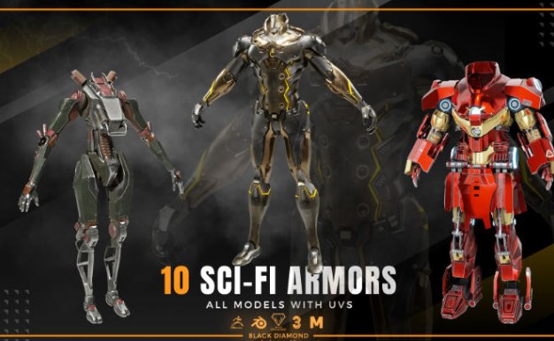 Blender钢铁侠人形机械甲装备设施3D模型设计素材10 Sci-Fi Armor Models