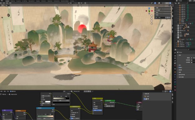 Blender三渲二诗中古风水墨山水小桥流水古亭画3D模型场景