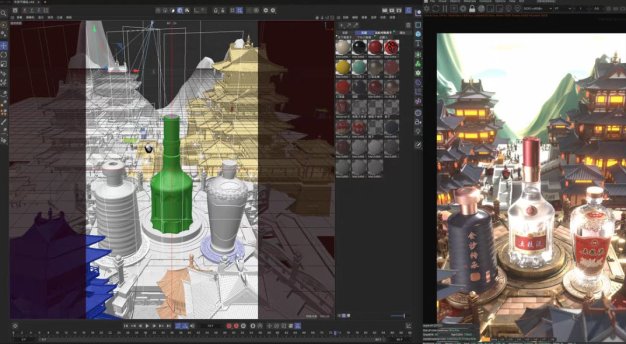 C4D国风白酒五粮液酒瓶3D模型电商产品海报场景OC渲染工程源文件