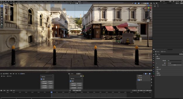 Blender欧式商业步行街街道咖啡店鲜花店场景渲染工程文件带贴图