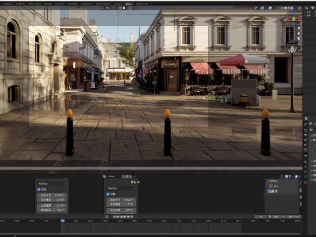 Blender欧式商业步行街街道咖啡店鲜花店场景渲染工程文件带贴图
