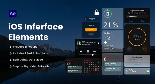 AE苹果手机按钮滑块弹窗通知转场组件UI动画模板 Phone UI Elements
