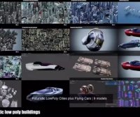 Blender/C4D未来科幻楼房建筑群飞行汽车交通工具3D模型