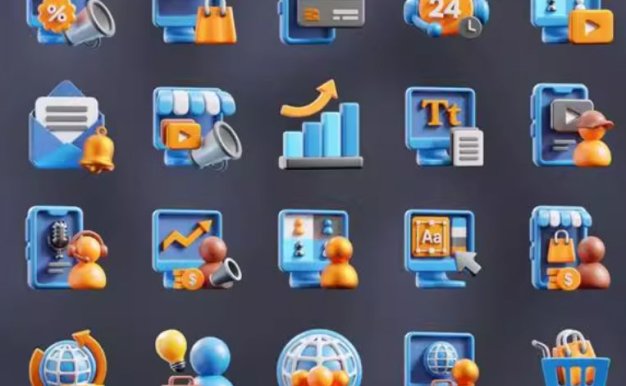 Blender卡通商务网络APP图标icon三维模型PNG免扣设计素材20款