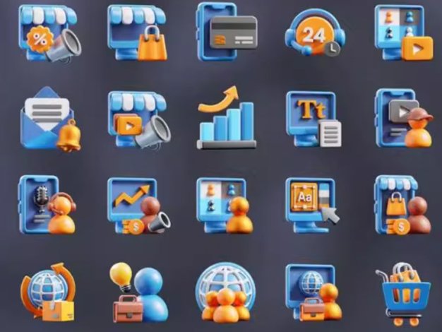Blender卡通商务网络APP图标icon三维模型PNG免扣设计素材20款