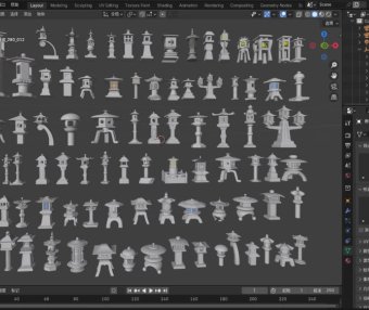 Blender/C4D古灯石灯户外灯石柱古建筑地灯草灯模型3D素材92款