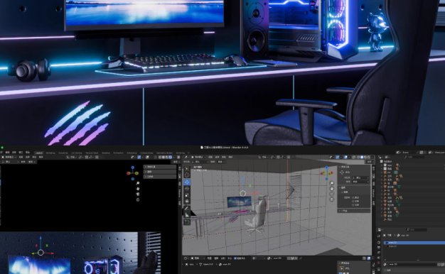 Blender赛博朋克电脑房主机键盘耳机3D建模渲染场景工程源文件