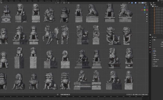 Blender石狮子守门兽神兽麒麟貔貅雕像3D模型素材40款