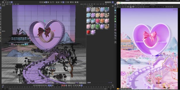 C4D七夕情人节粉紫色爱心礼盒鹊桥OC渲染三维模型场景工程源文件