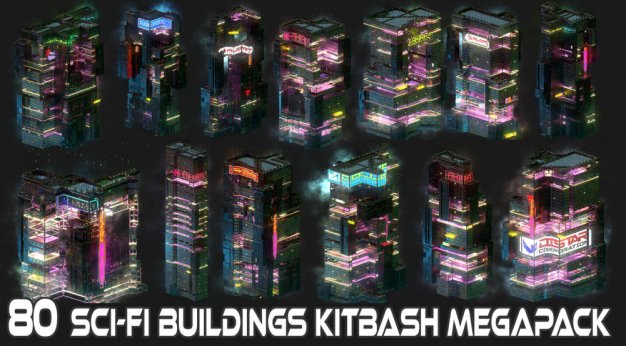 赛博朋克塔楼城堡摩天楼建筑高精度楼房3D模型80栋 Artstation – 80 Sci-Fi Cyberpunk City Building Kitbash Pack