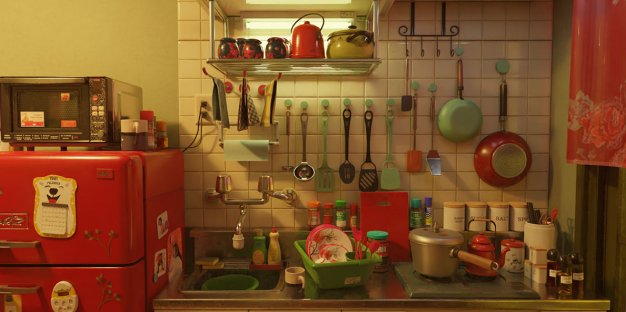 Blender卡通日漫风厨房锅碗瓢盆厨具燃气灶微波炉冰箱3D模型场景素材
